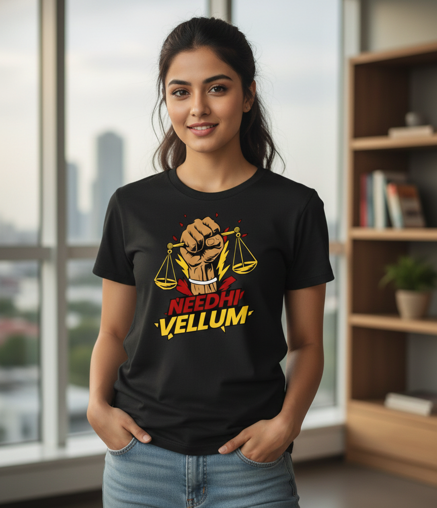 Woman wearing a black t-shirt with a graphic design and text, standing indoors.